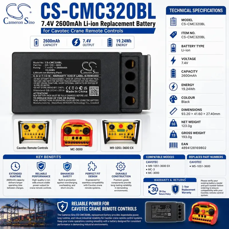 Cavotec Crane Remote Power Cell – 7.4V 2600Mah (19.24Wh) For M9-1051-3600 Ex, Mc-3 1