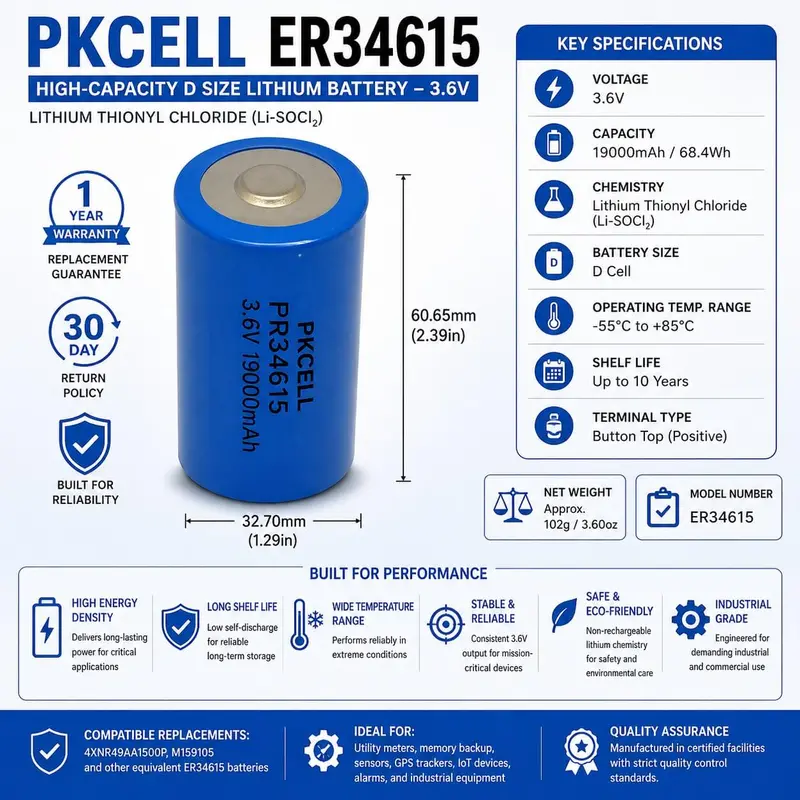 Er34615 D-Cell Lithium Thionyl Chloride Battery – 3.6V 19Ah Industrial Grade (Long-Life) 1