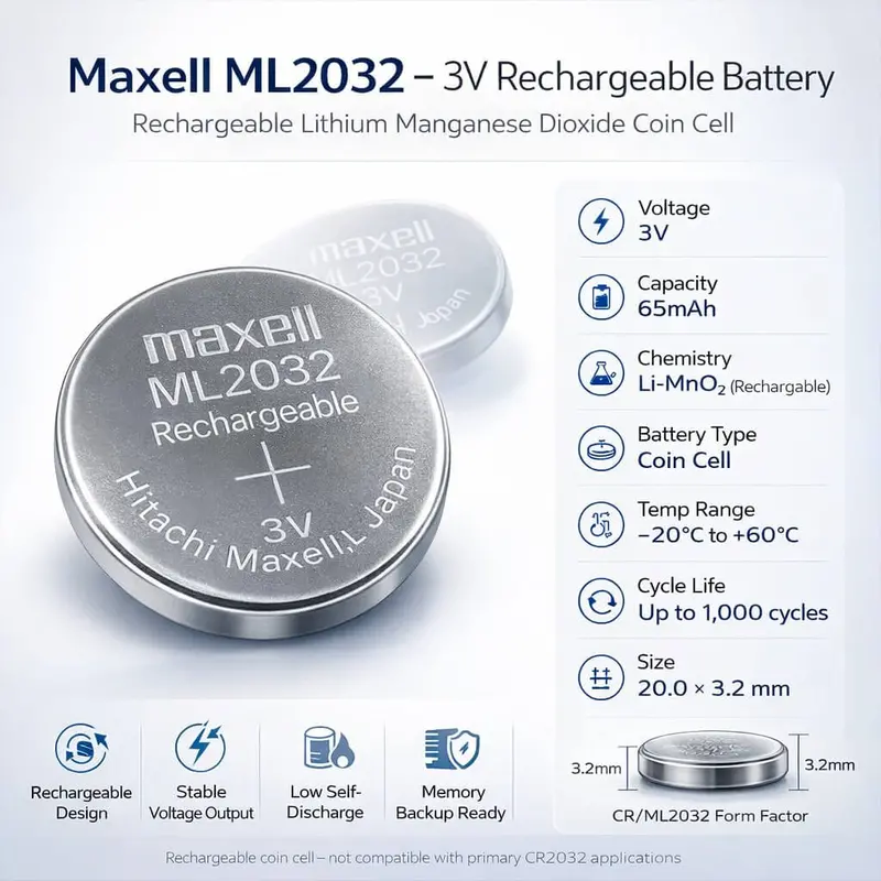 Maxell Ml2032 Rechargeable Coin Cell – 3V Lithium 65Mah, Direct Panasonic Ml2032 Substitute 1
