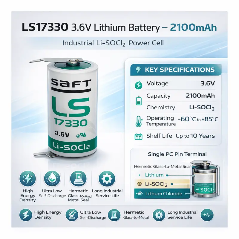 Saft Ls17330 2/3A Lithium Thionyl Chloride Battery – 3.6V 2100Mah With Single Pin Terminals 1