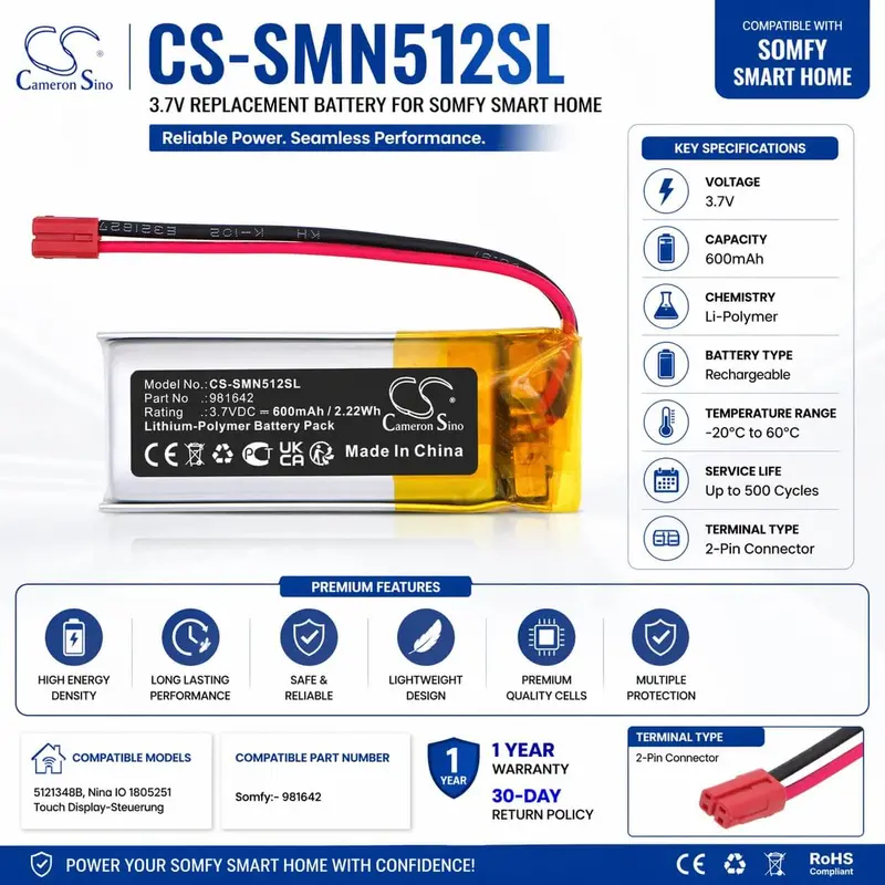 Somfy Nina Io Touch Display Battery – 3.7V 600Mah Li-Polymer (981642 / 5121348B, 2.22Wh) 1