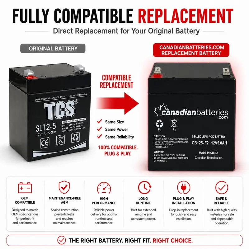 Tcs Sl12-5 Replacement: 12V 5Ah Sealed Lead-Acid With F2 Terminals 1